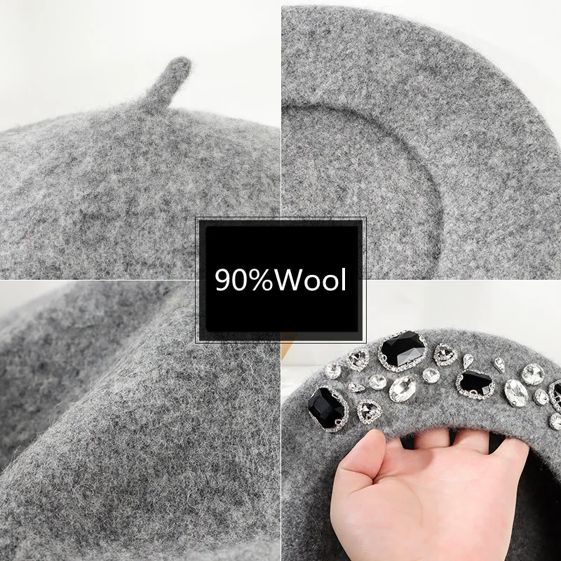 Beret French Wool - French Beret Thick Rhinestone Decor Brimless