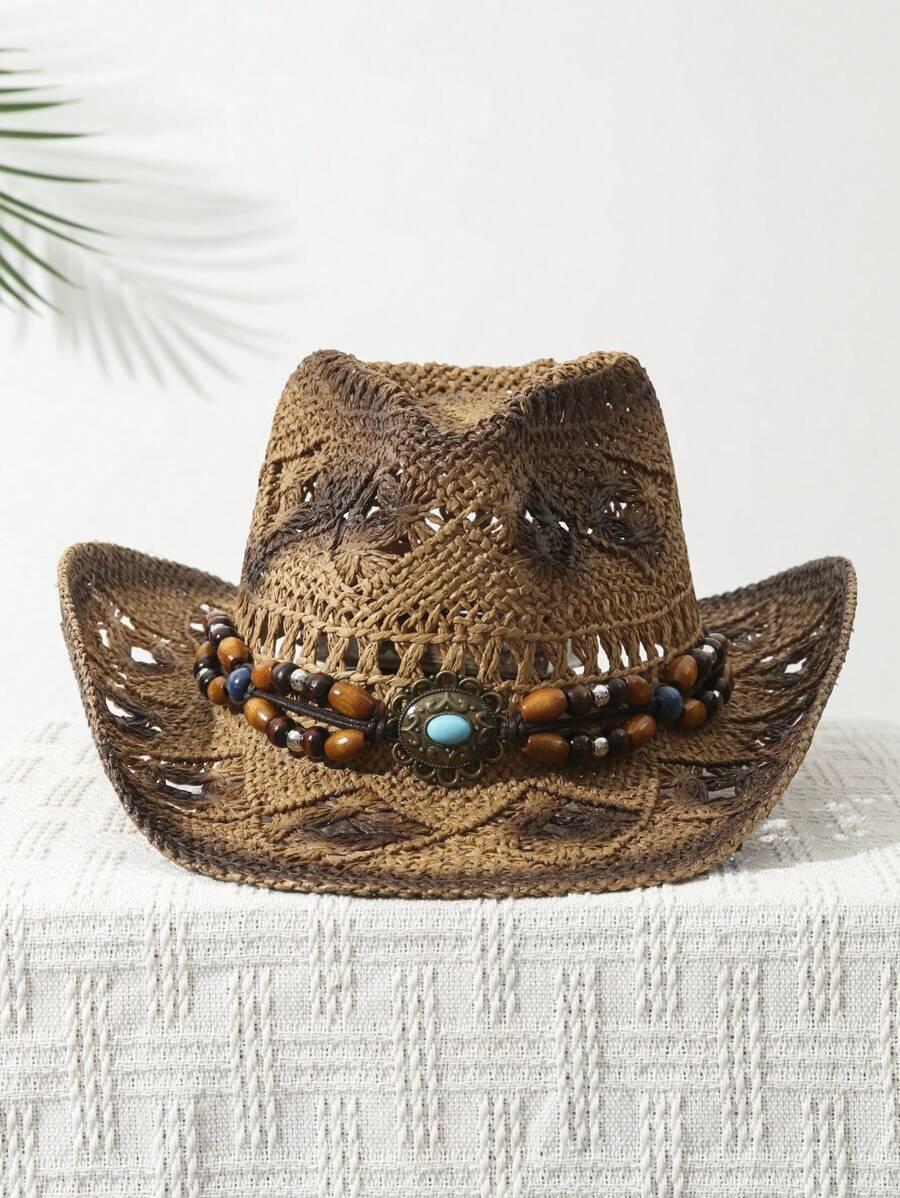Cowboy Hat Straw - 1Pcs Unisex Bead Decor Dyeing Wide