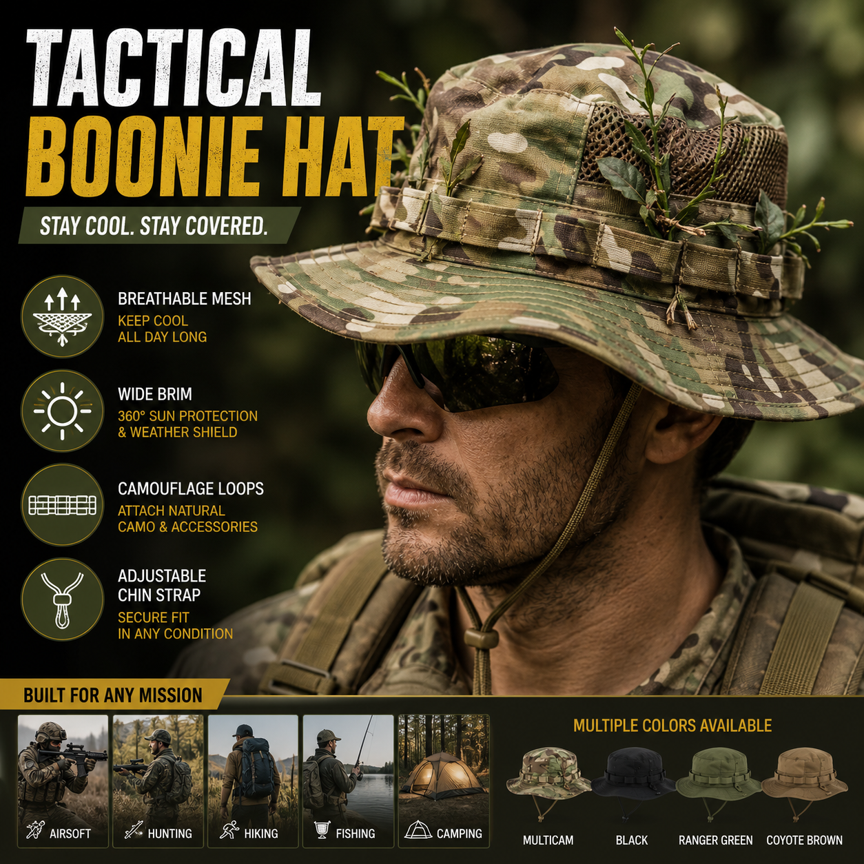 Boonie Hat Tactical - MC Camouflage Boonie Hat Men Wide