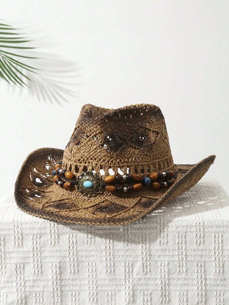 1Pcs Unisex Bead Decor Dyeing  - огляд і ціна Cowboy Hat Straw