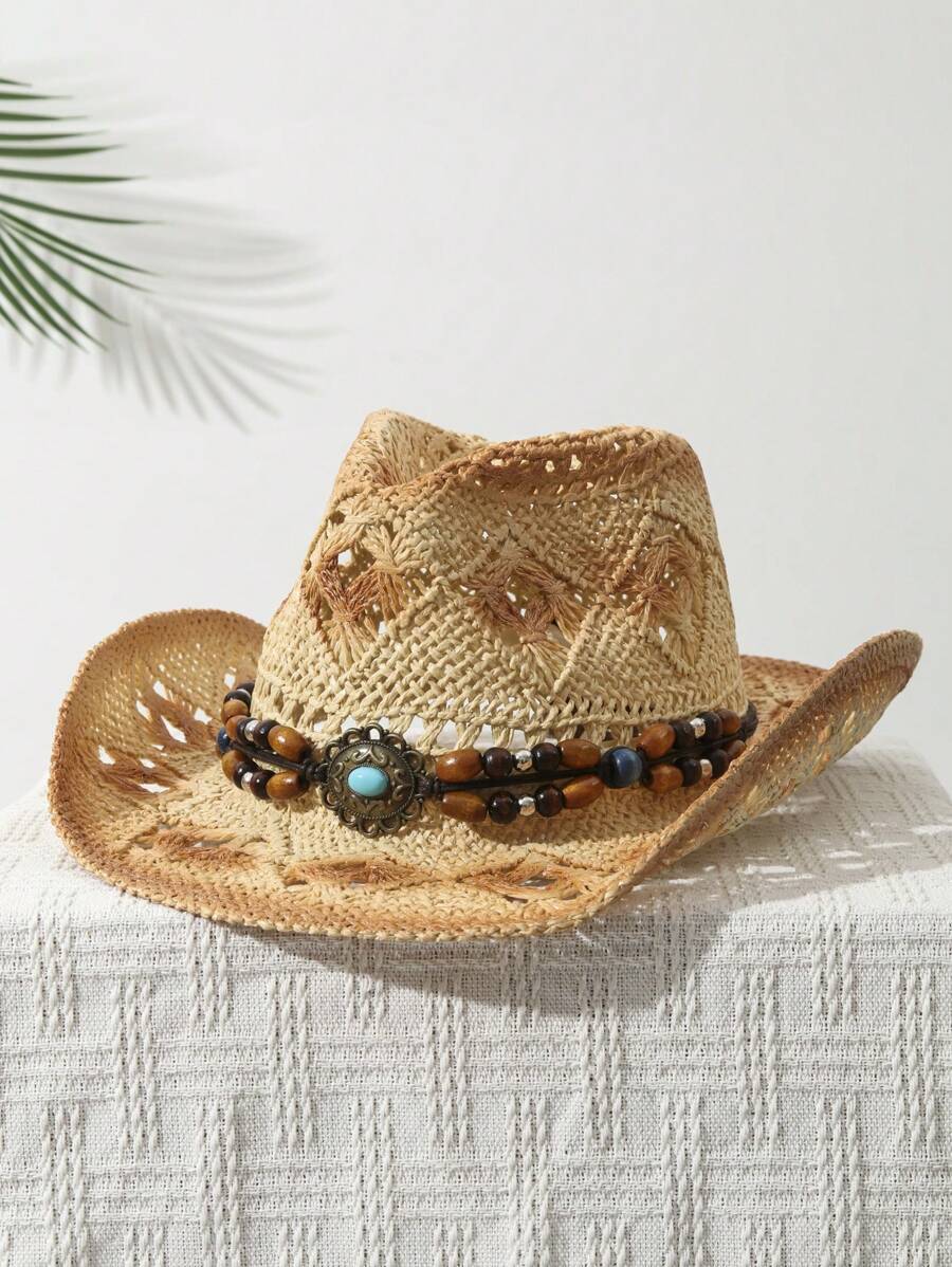 1Pcs Unisex Bead Decor Dyeing  - огляд і ціна Cowboy Hat Straw
